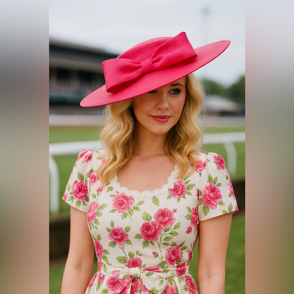 Kentucky Derby Hat Elegant Pink Wide-Brim Hat with Bow Oaks Ascot Tea Chruch